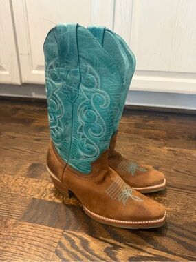 Women’s TEXAS LEGACY Teal / Turquoise and Brown Heeled Cowboy Boots - LEATHER